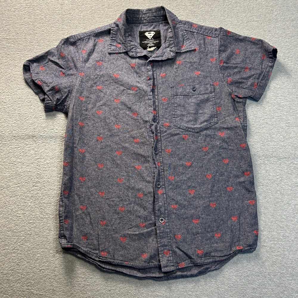 Superman DC Comics Button Up Shirt Mens Blue Chambray All Over Logo Print Geek